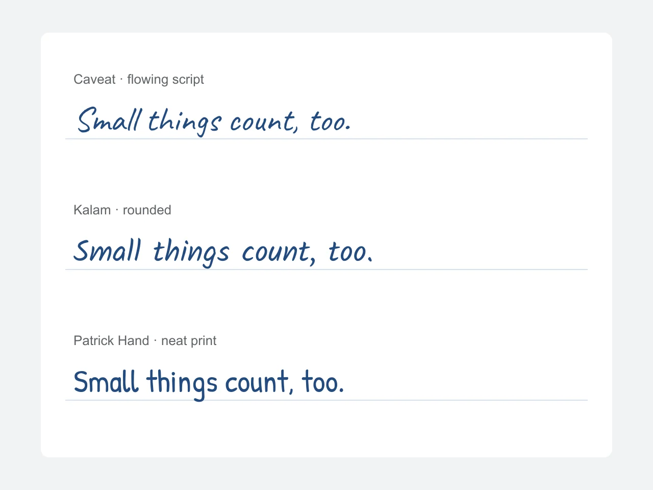 The same sentence written in the Caveat, Kalam and Patrick Hand handwriting fonts