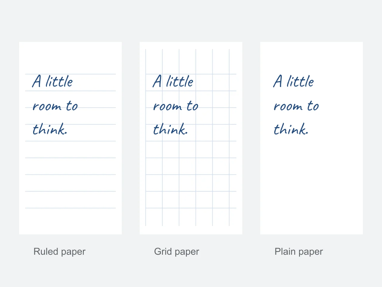 Handwriting samples on ruled, grid and plain paper