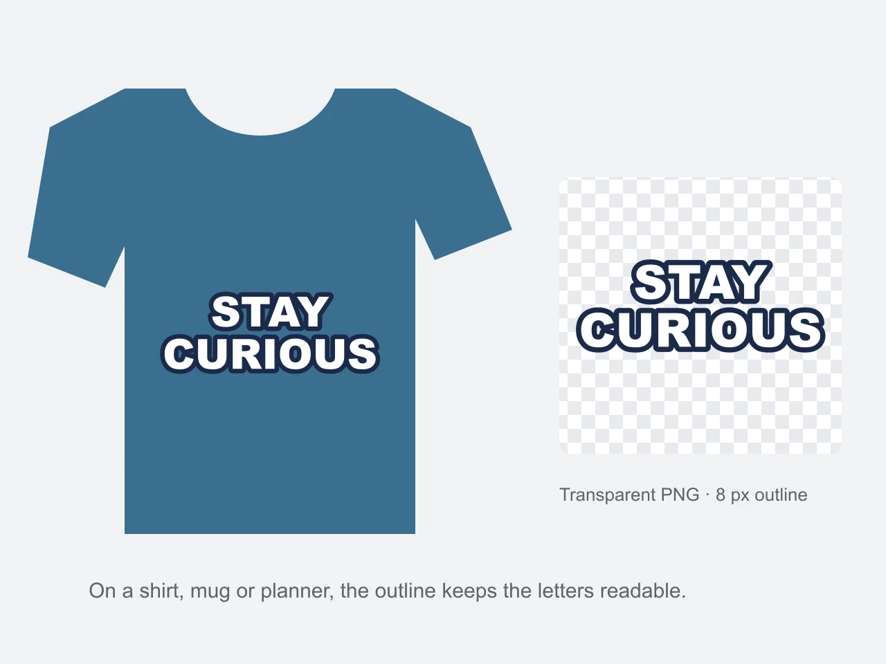 An outlined text sticker on a shirt mockup and the same word as a transparent PNG